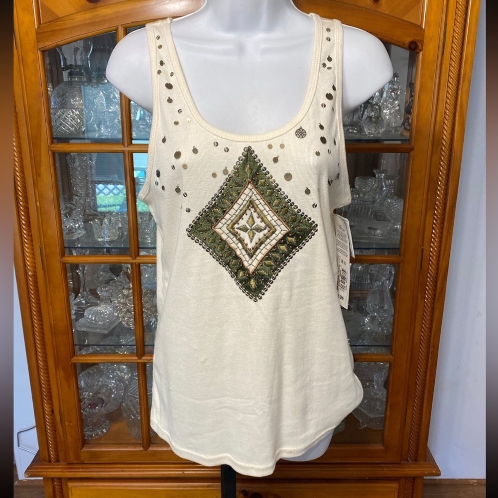 Vintage Haven Bleu Embellished Embroidered Ribbed Tank Top NWT size XL